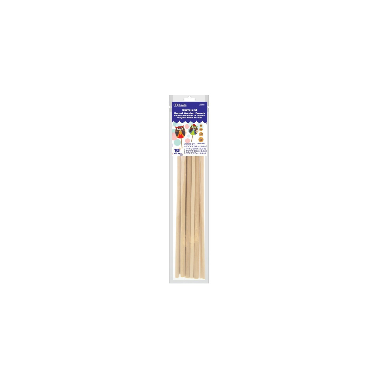 BAZIC Products® Assorted Round Natural Wooden Dowel, Pack of 10