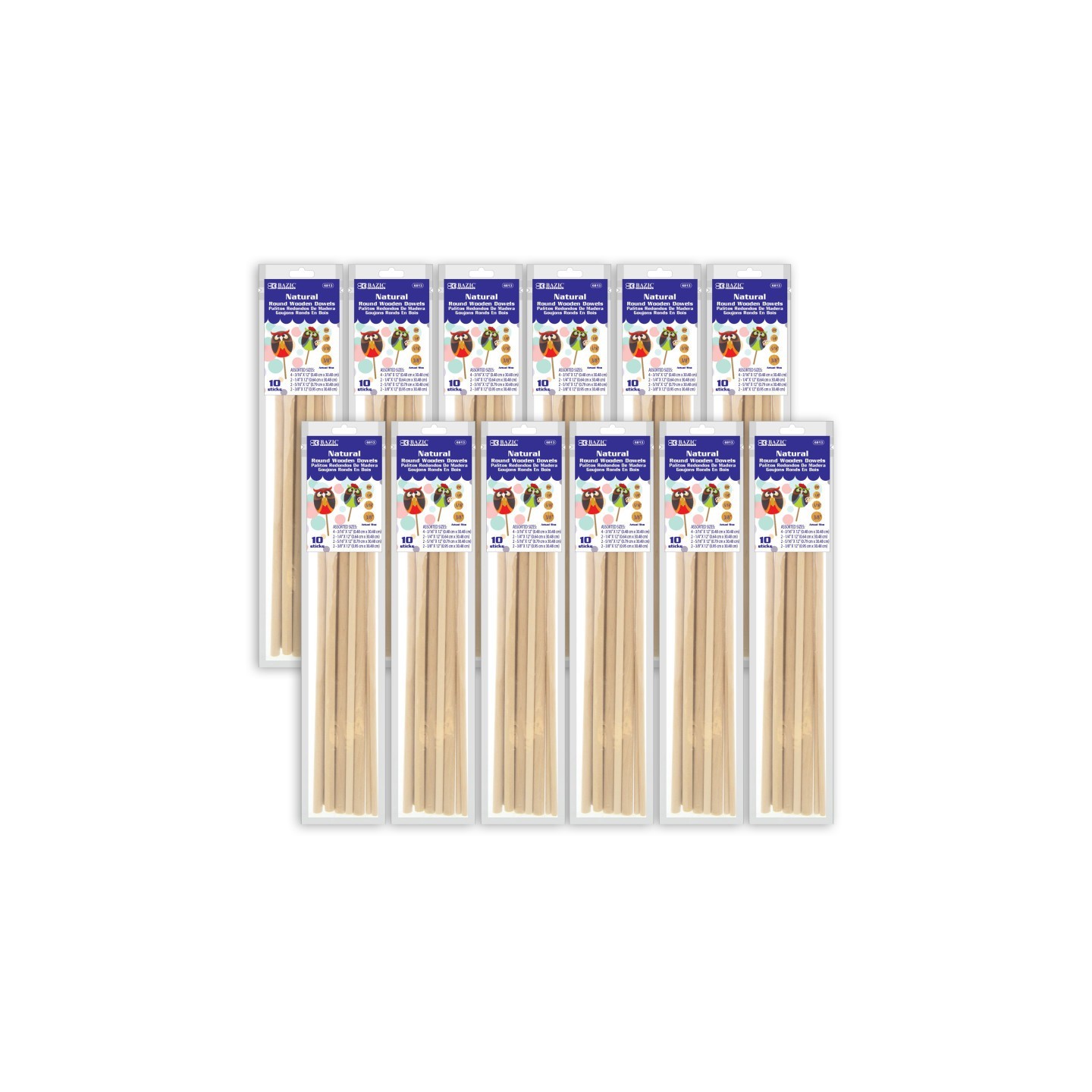 BAZIC Products® Assorted Round Natural Wooden Dowel, 10 Per Pack, 12 Packs
