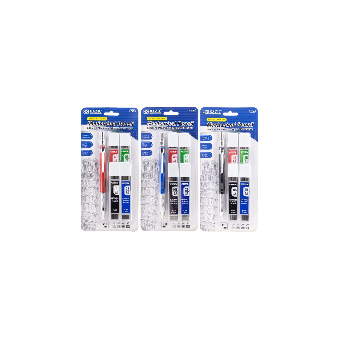 BAZIC Products® 2.0 mm Mechanical Pencil with HB, 2B, 4B & 6B Lead, Assorted Barrel Color, 1 Pencil