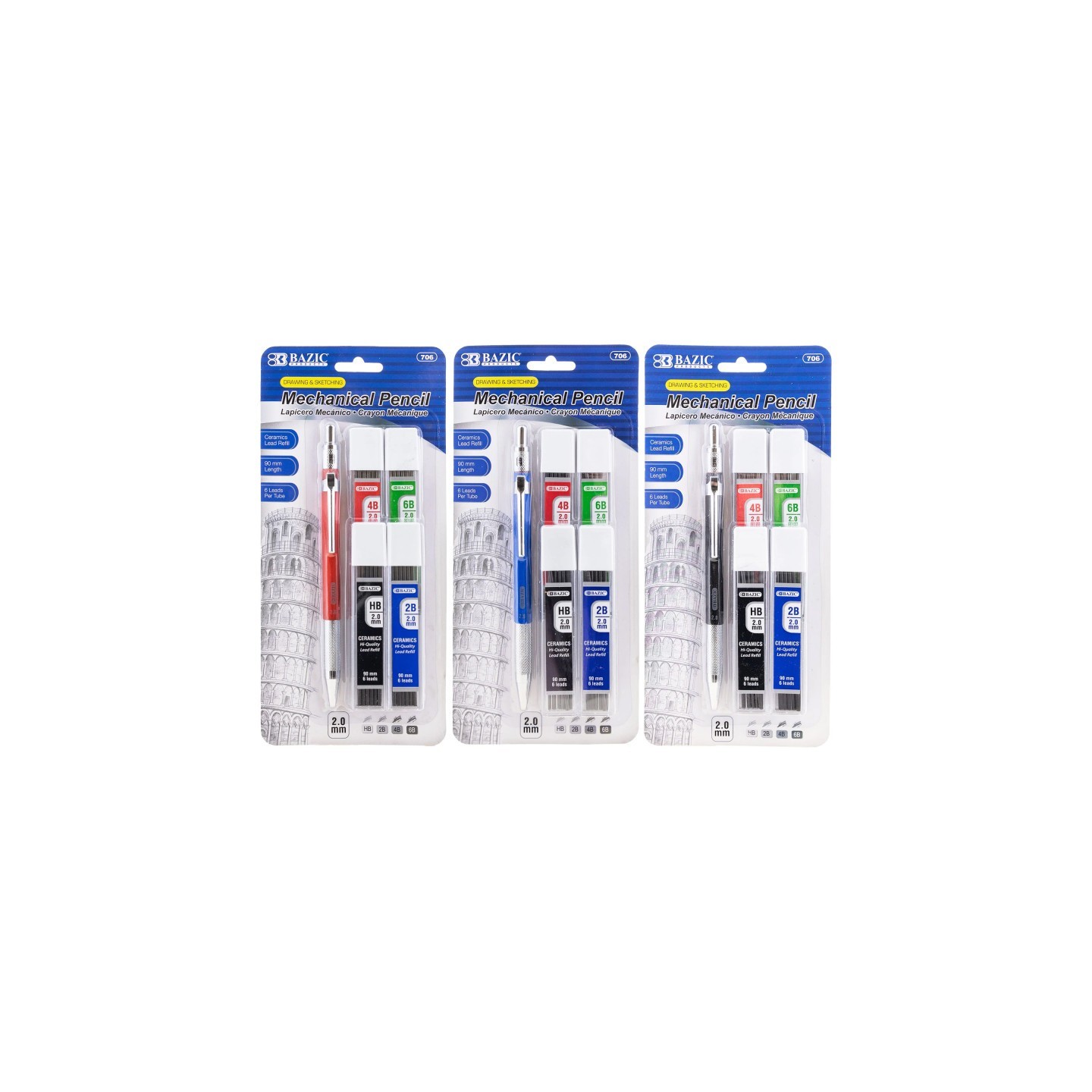 BAZIC Products® 2.0 mm Mechanical Pencil with HB, 2B, 4B & 6B Lead, Assorted Barrel Color, Pack of 3