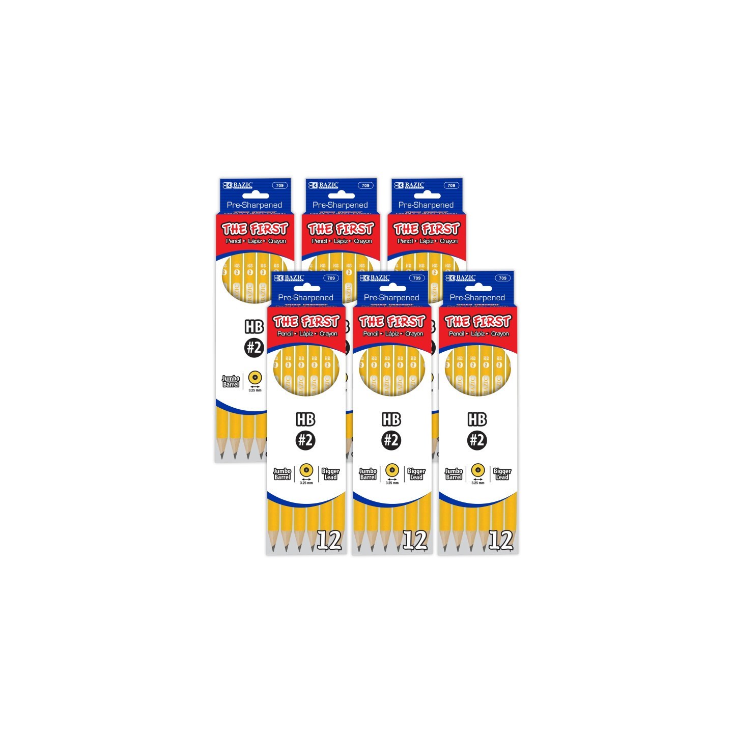 BAZIC Products® #2 The First Jumbo Premium Yellow Pencil, 12 Per Pack, 6 Packs