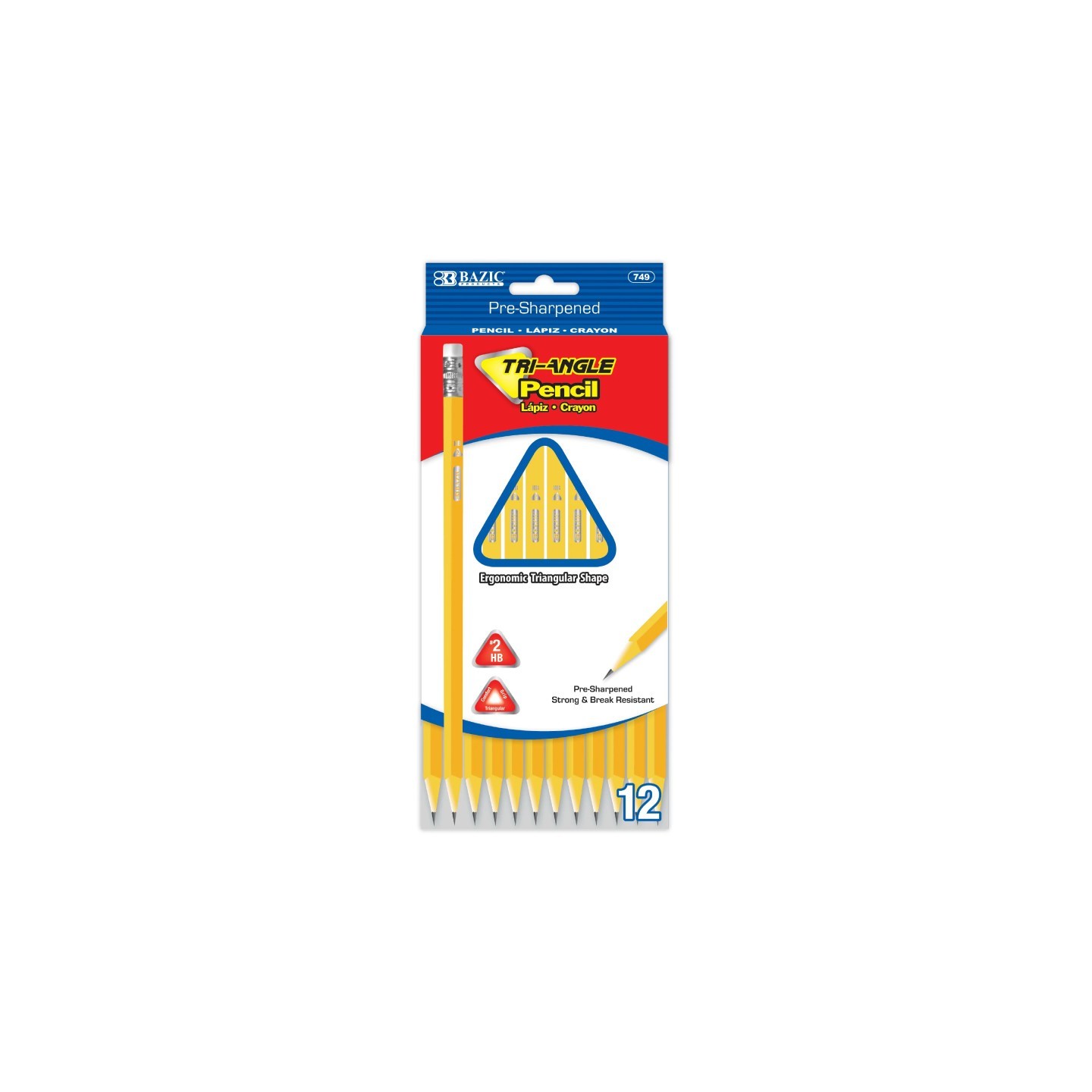 BAZIC Products® #2 Triangle Pencils, Yellow, 12 Per Pack, 24 Packs