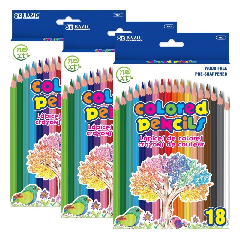 BAZIC Products® Next Colored Pencils, Assorted Colors, 18 Per Pack, 3 Packs