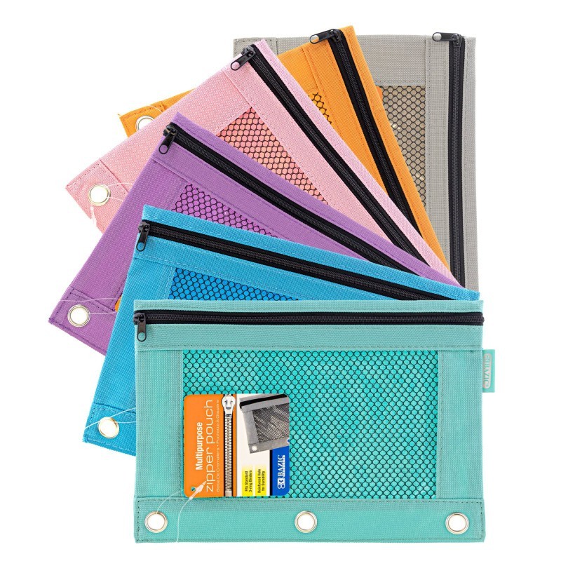 BAZIC Products® 3-Ring Pencil Pouch with Mesh Window, Retro Pastel Colors, 1 Pouch