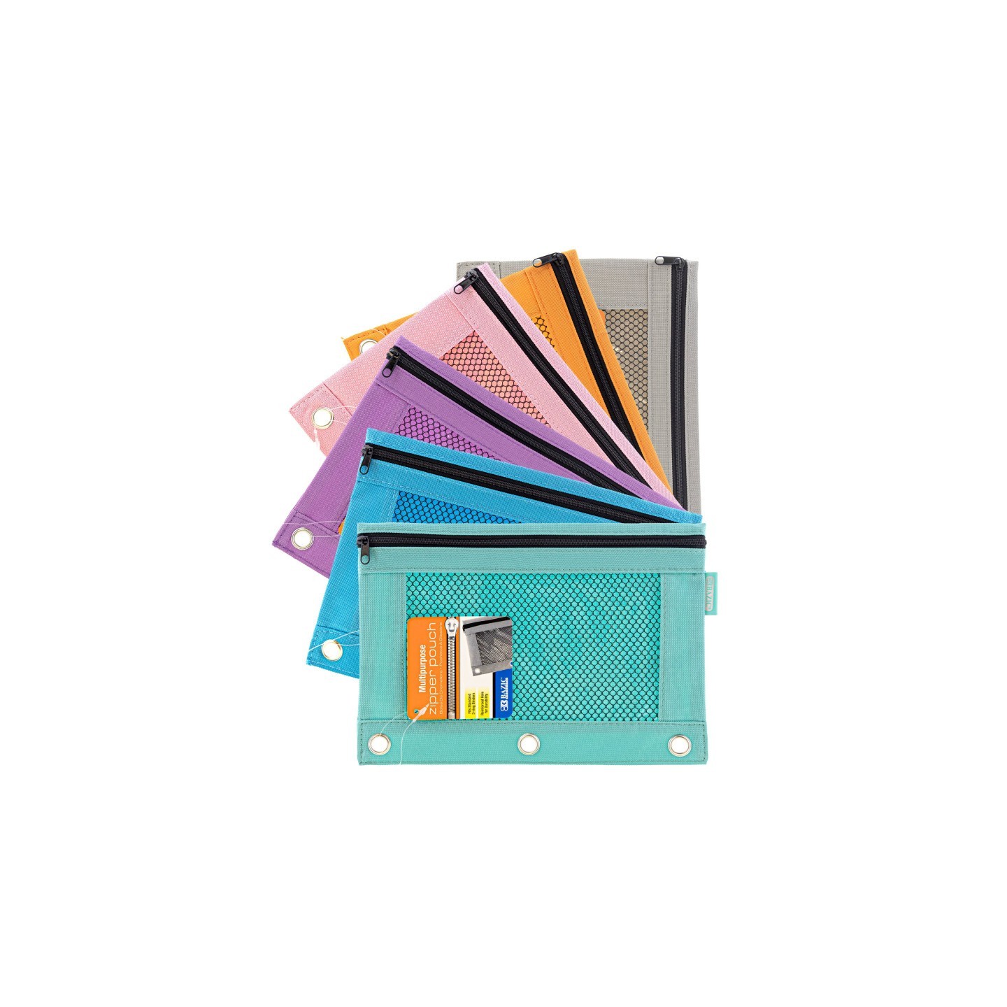 BAZIC Products® 3-Ring Pencil Pouch with Mesh Window, Retro Pastel Colors, 1 Pouch