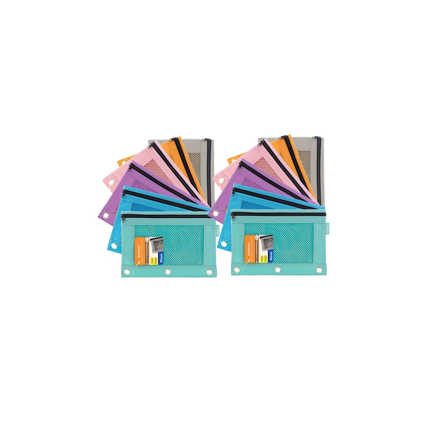 BAZIC Products® 3-Ring Pencil Pouch with Mesh Window, Retro Pastel Colors, Pack of 12
