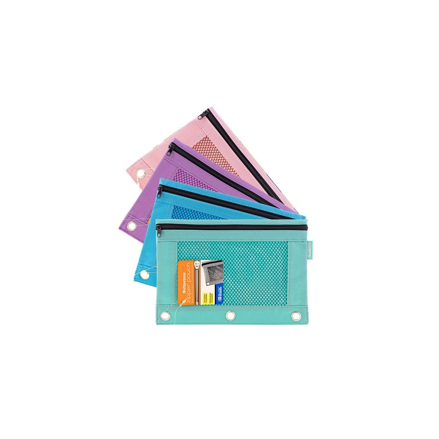 BAZIC Products® 3-Ring Pencil Pouch with Mesh Window, Retro Pastel Colors, Pack of 4