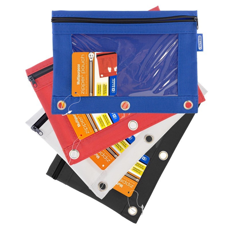 BAZIC Products® 3-Ring Pencil Pouch with Clear Window, Assorted, 1 Pouch