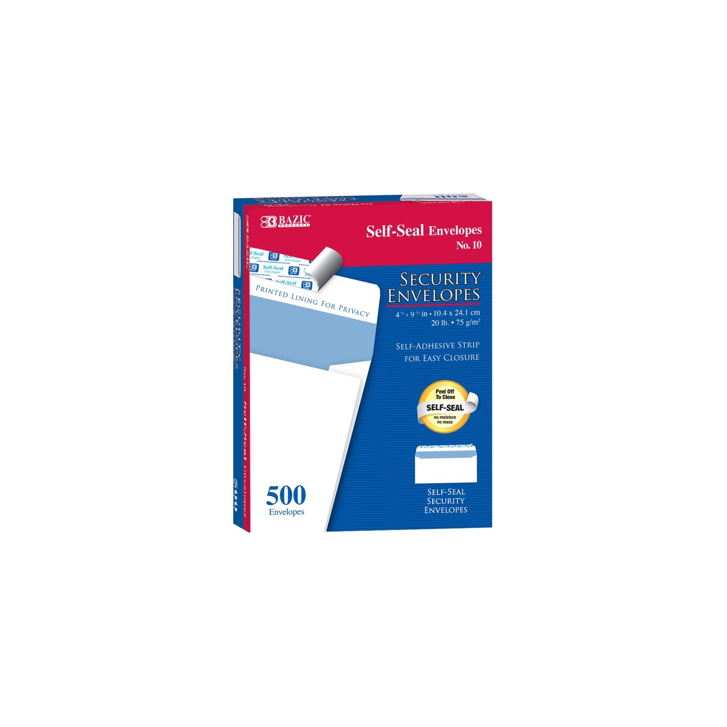 BAZIC Products® #10 Self-Seal Security Envelopes, Box of 500