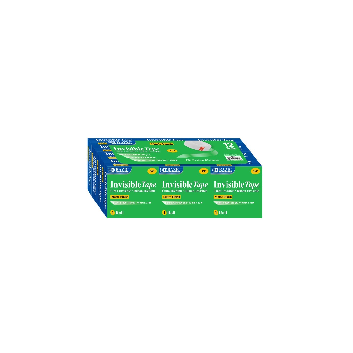 BAZIC Products® Tape Refill, Invisible Tape, 3/4" x 1000", 12 Rolls