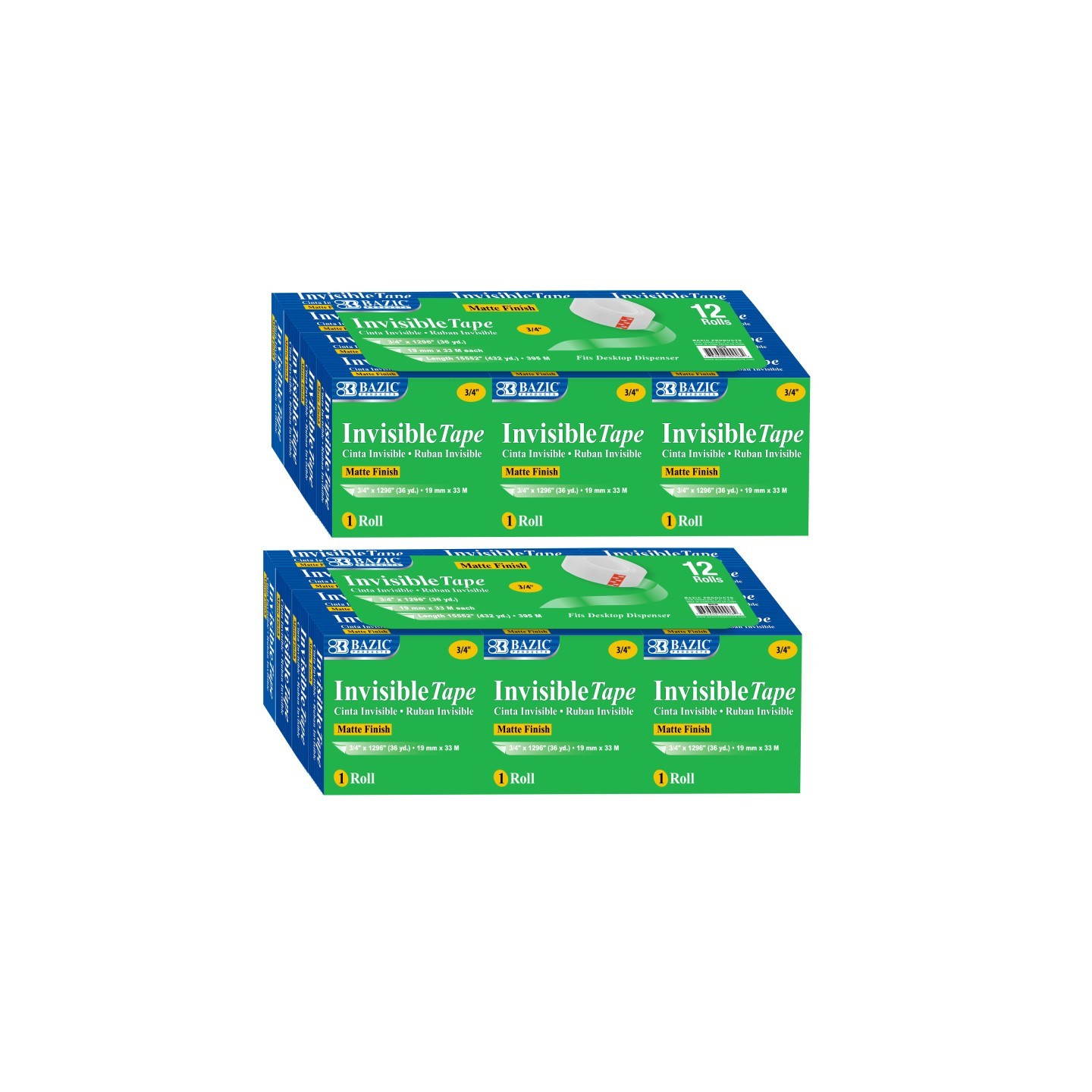 BAZIC Products® Tape Refill, Invisible Tape, 3/4" x 1000", 12 Rolls Per Pack, 2 Packs