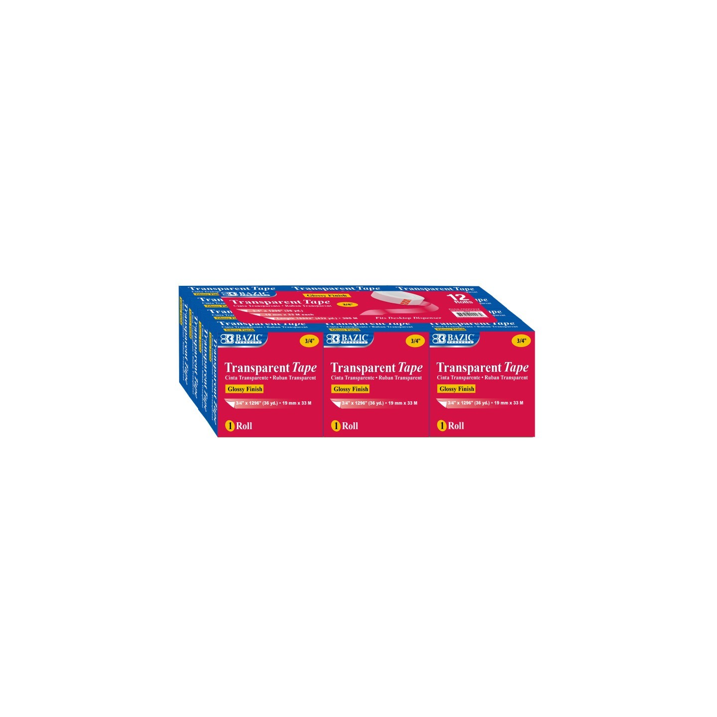 BAZIC Products® Tape Refill, Transparent Tape, 3/4" x 1296", 12 Rolls