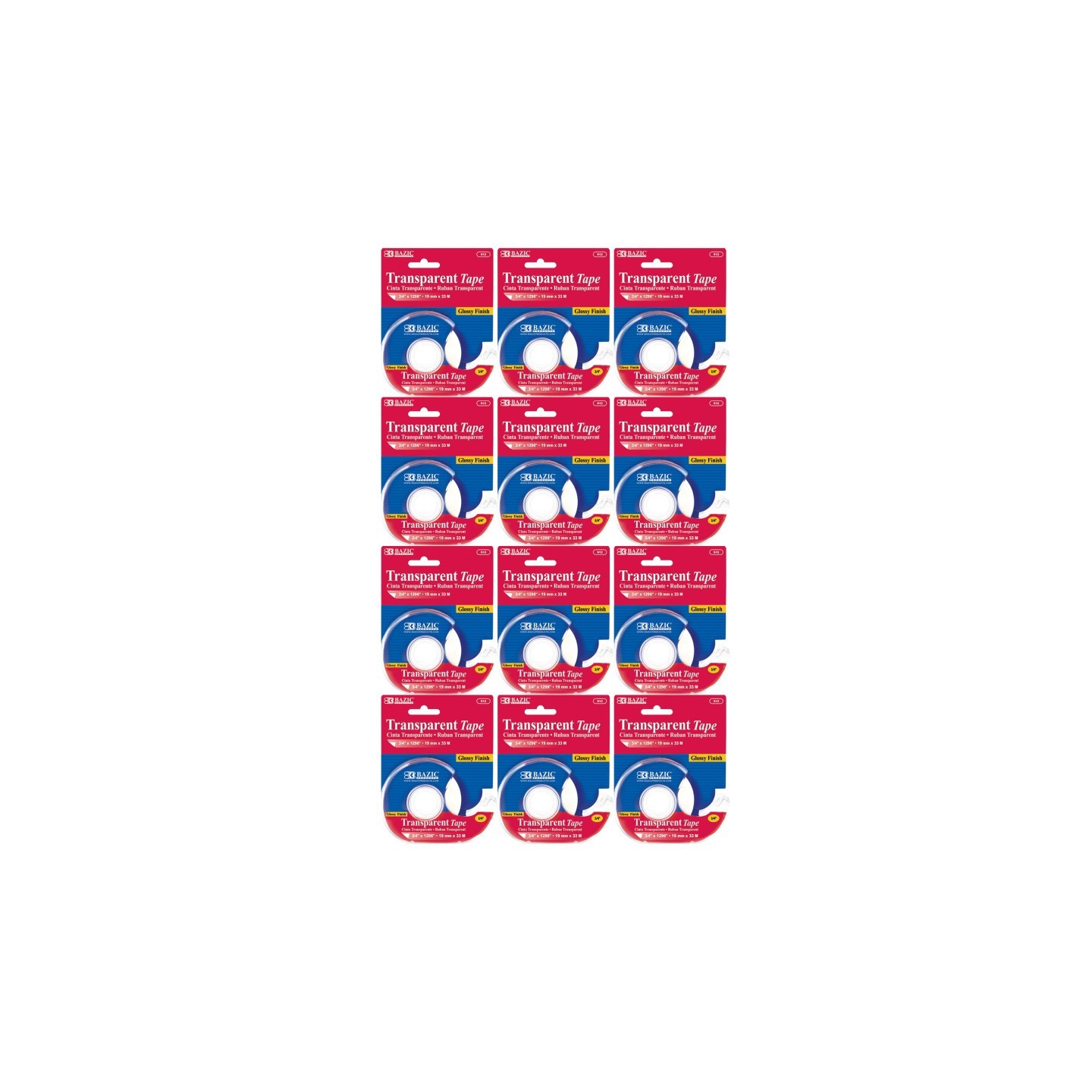BAZIC Products® Transparent Tape with Dispenser, 3/4" x 1296", Pack of 12