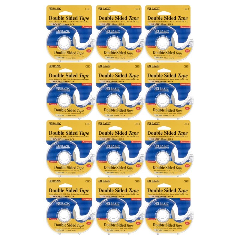 BAZIC Products® Double Sided Permanent Tape with Dispenser, 3/4" x 500", Pack of 12