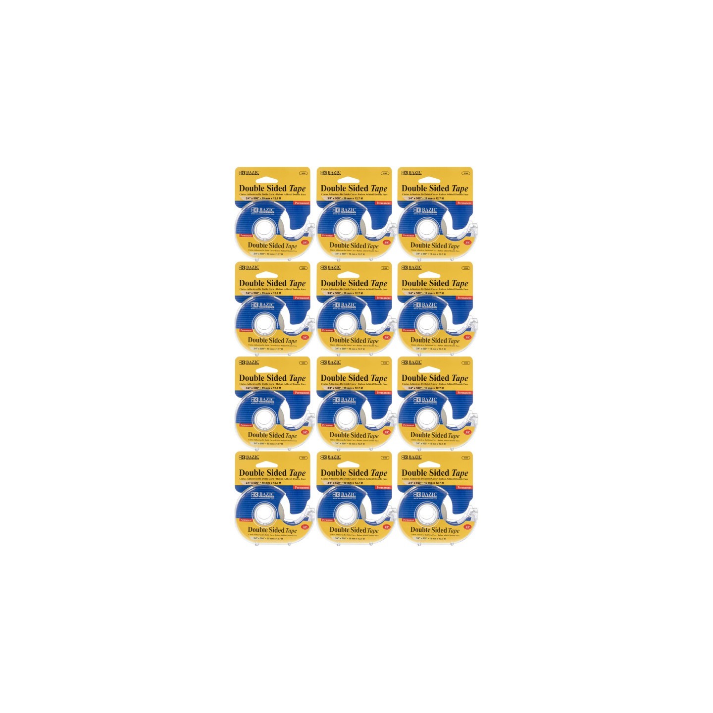 BAZIC Products® Double Sided Permanent Tape with Dispenser, 3/4" x 500", Pack of 12