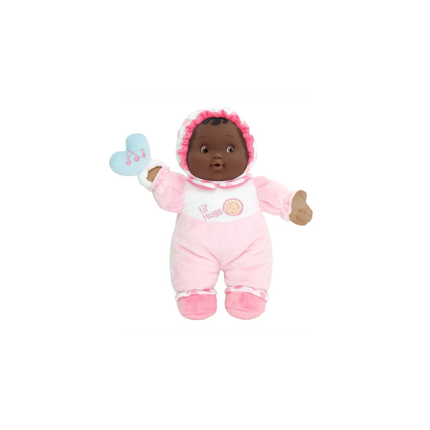 JC Toys Lil' Hugs Baby's First Soft Doll, Vinyl Face, Pastel Outfits with Rattle, 12" African-American