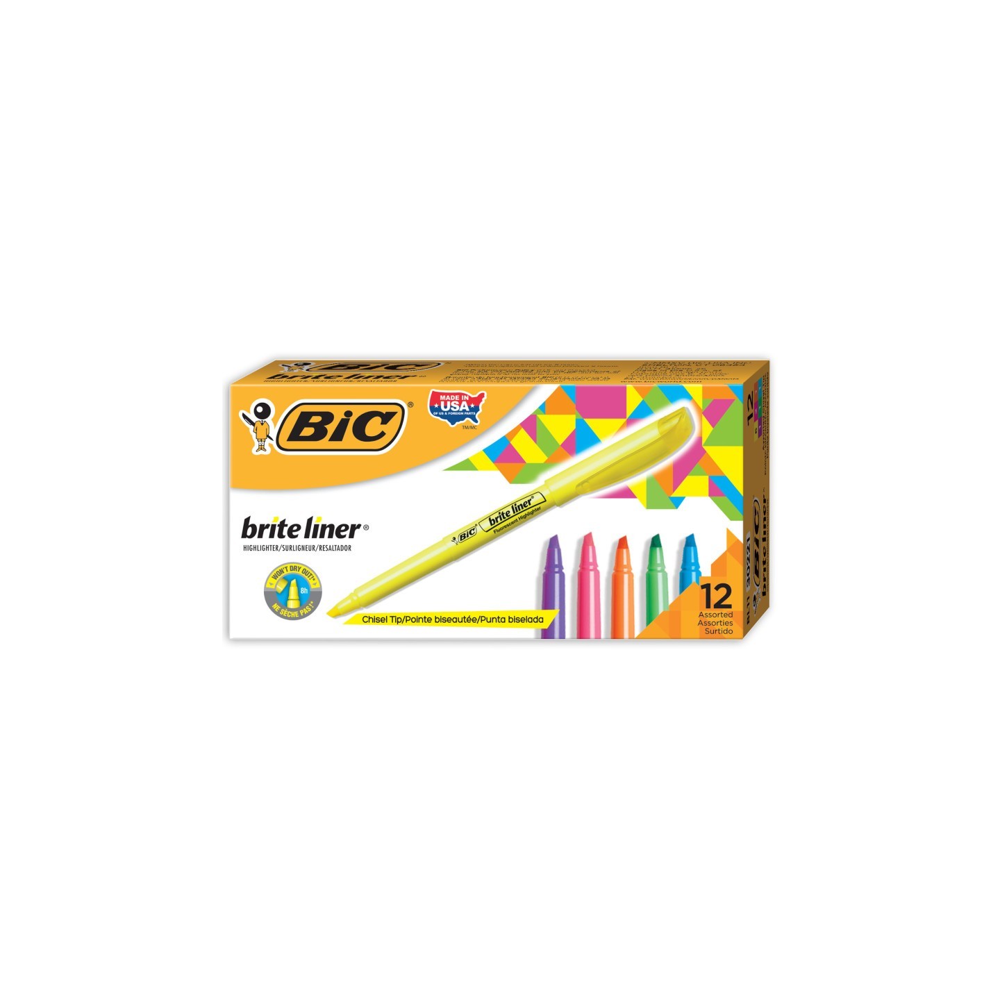 BIC® Brite Liner Highlighters Markers, Assorted Colors, Chisel Tip, 12-Count Pack