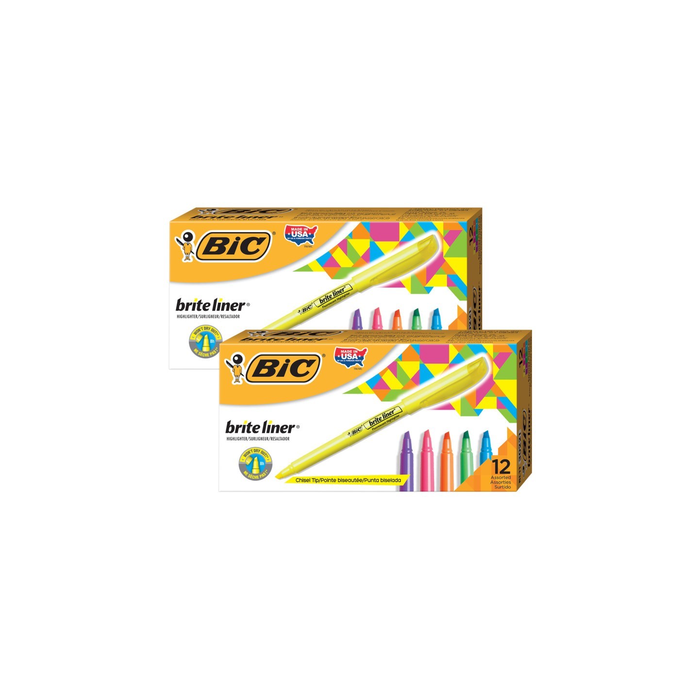 BIC® Brite Liner Highlighters Markers, Assorted Colors, Chisel Tip, 12 Per Pack, 2 Packs