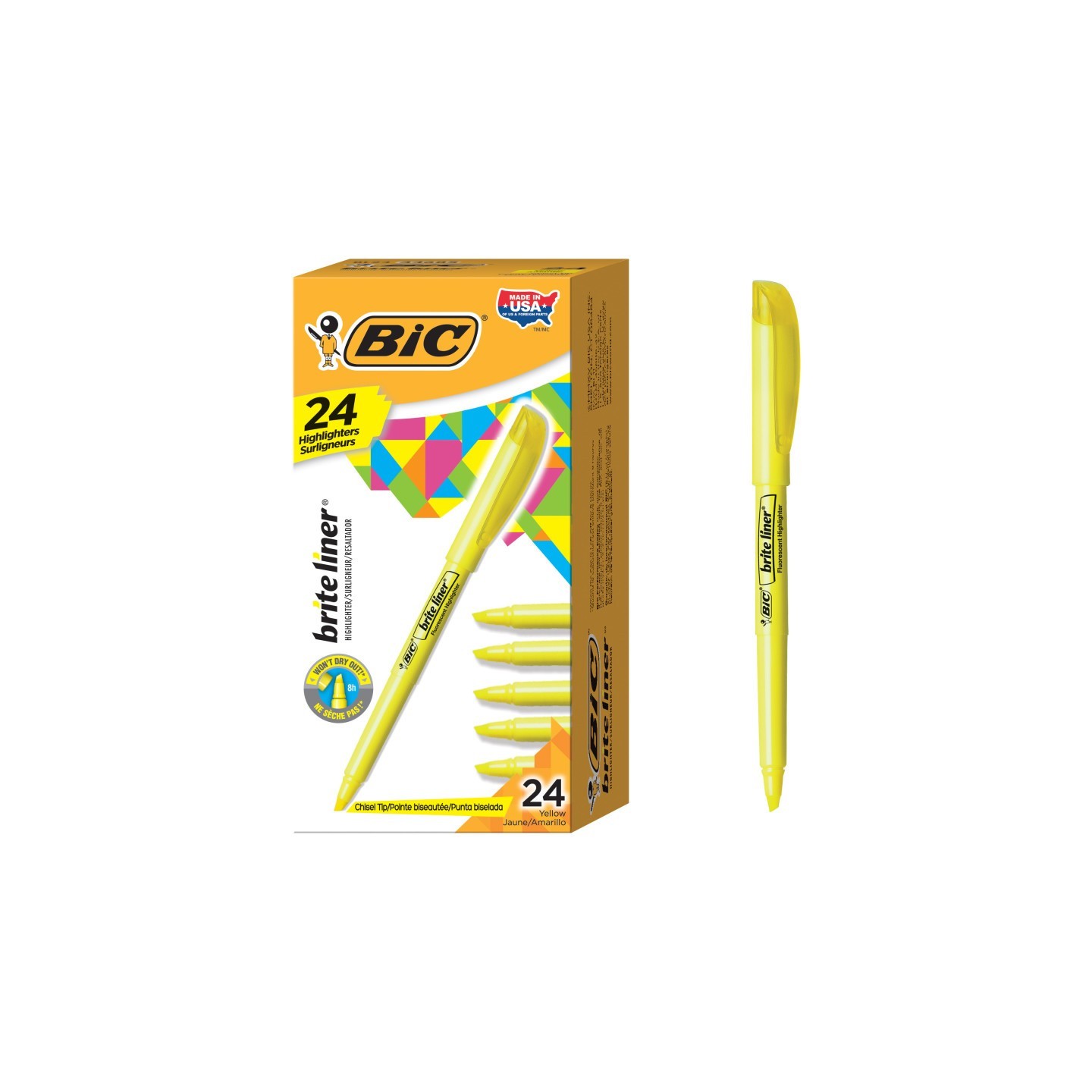 BIC® Brite Liner Highlighters Markers, Chisel Tip Super Bright Yellow Fluorescent Highlighters Ink, Won't Dry Out, 24-Count Pack