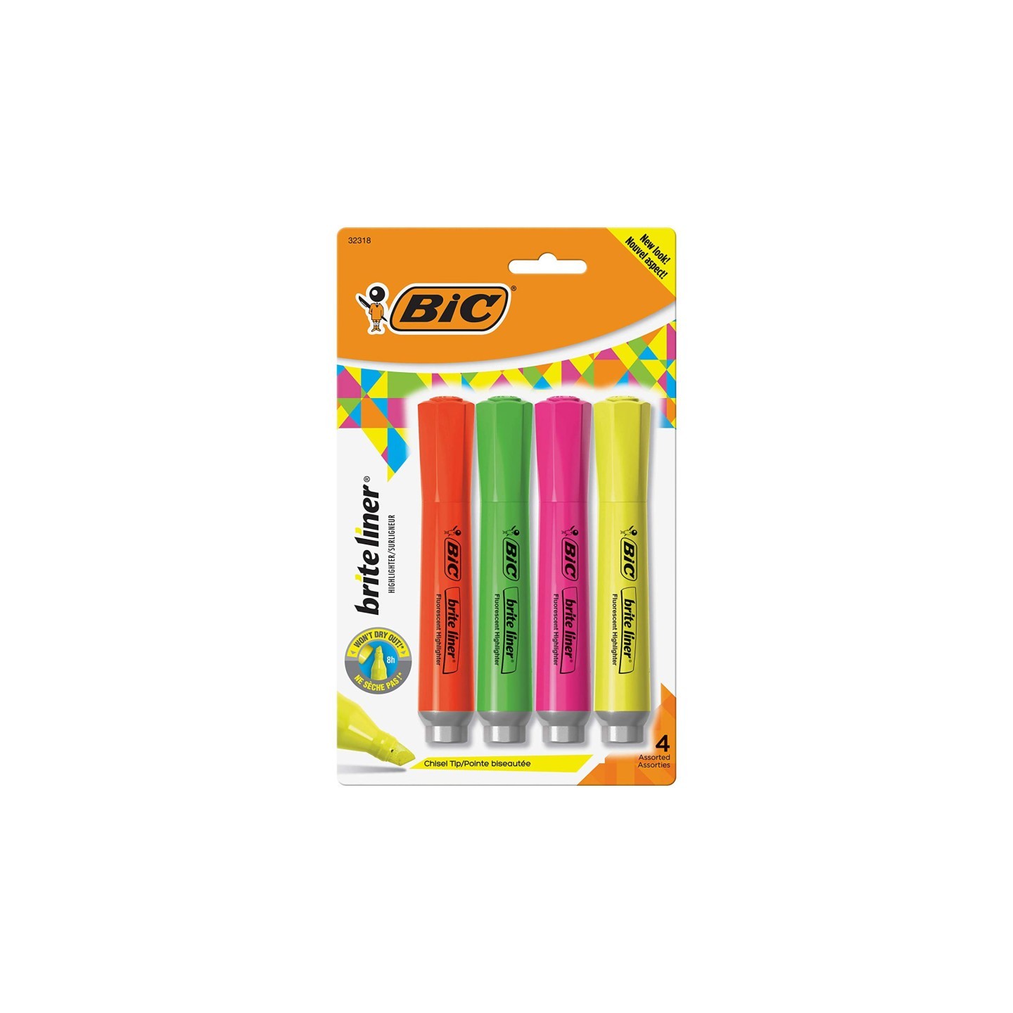 BIC® Brite Liner® Grip Tank Highlighter, Chisel Tip, Assorted Colors, Pack of 4