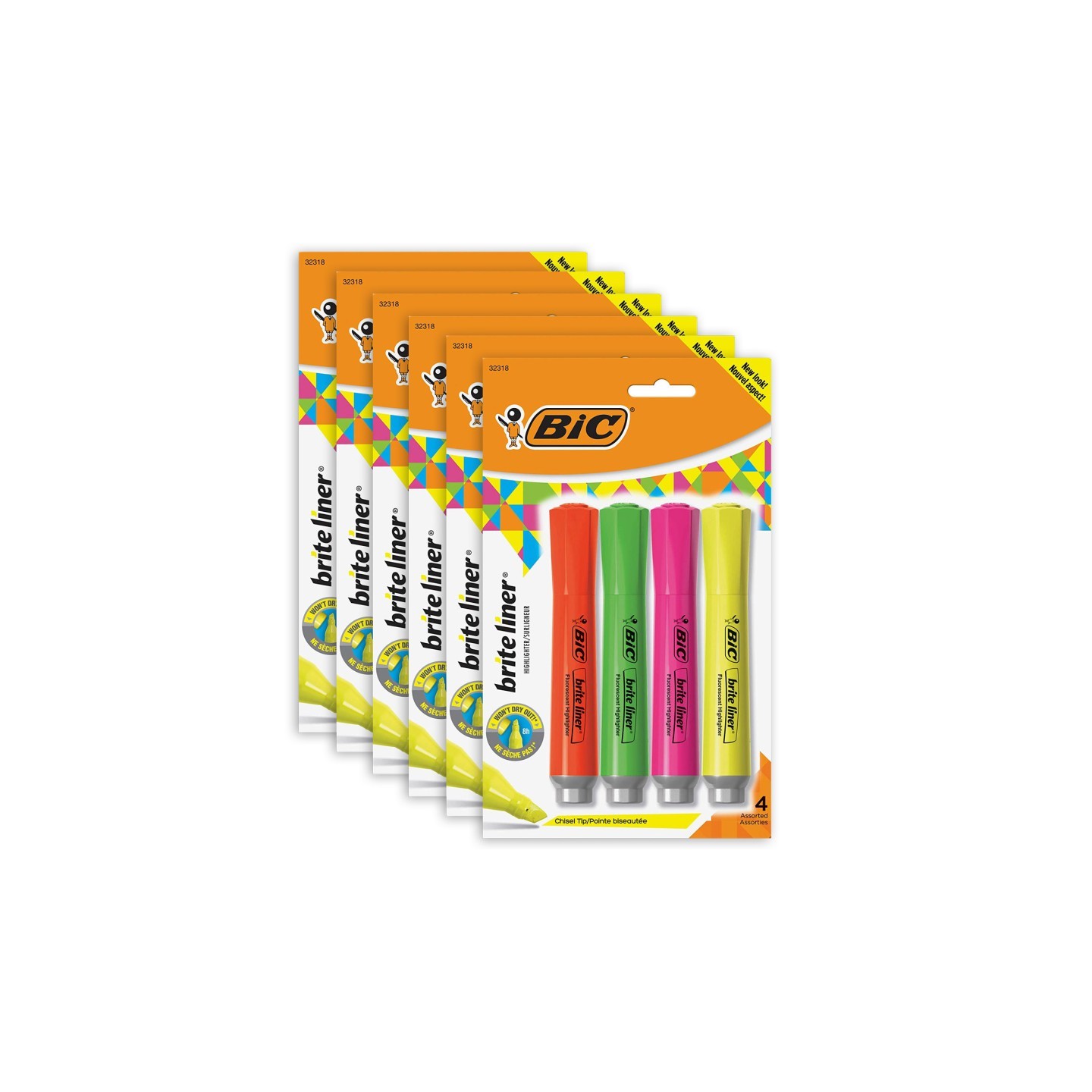 BIC® Brite Liner® Grip Tank Highlighter, Chisel Tip, Assorted Colors, 4 Per Pack, 6 Packs
