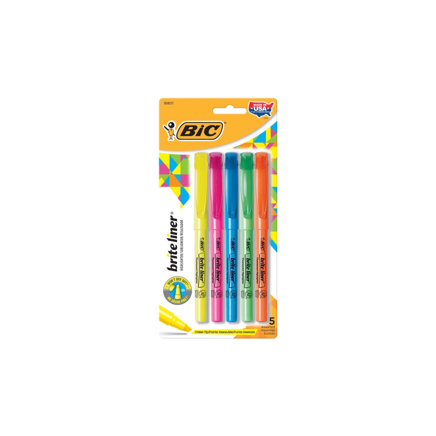 BIC® Brite Liner® Highlighters, Chisel Tip, Assorted Colors,Pack of 5