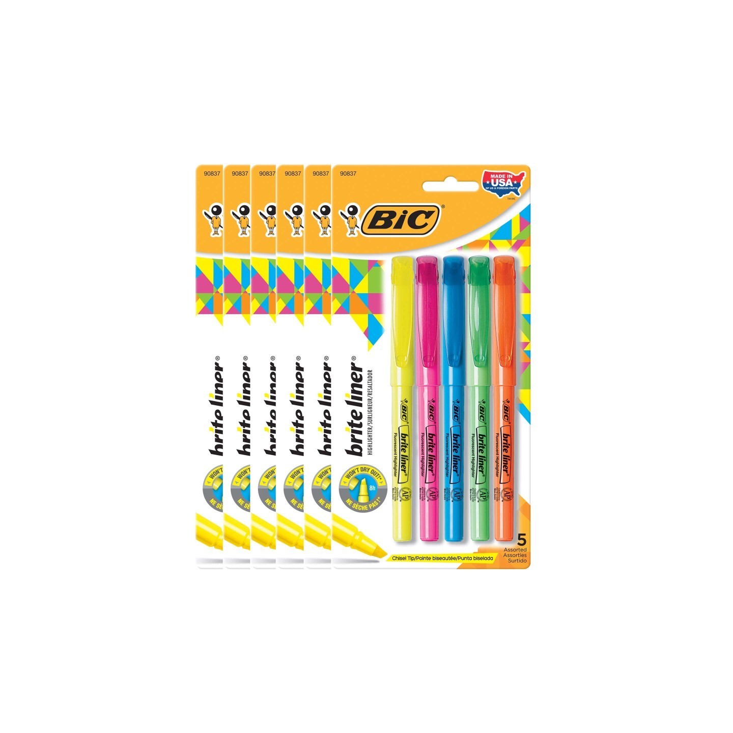 BIC® Brite Liner® Highlighters, Chisel Tip, Assorted Colors, 5 Per Pack, 6 Packs
