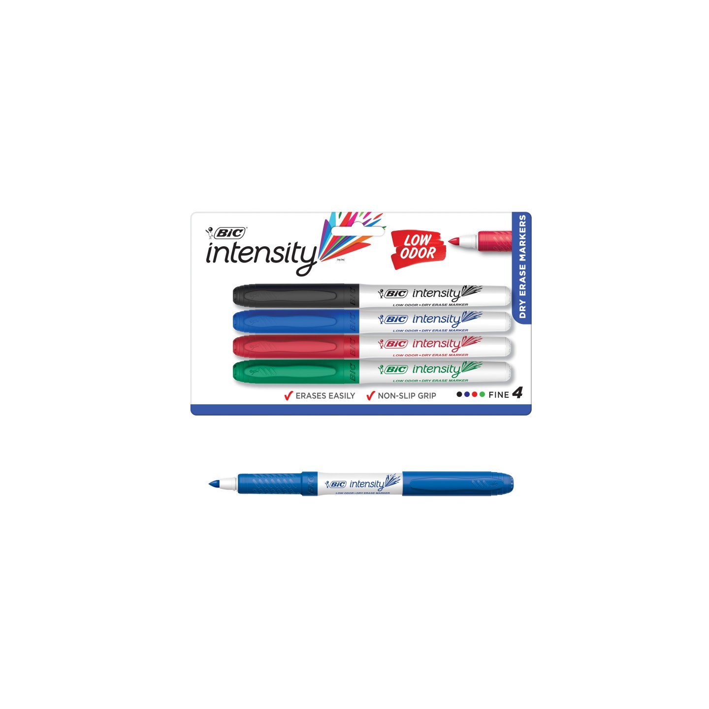 BIC® Great Erase® Low Odor Dry Erase Markers, Fine Point, Assorted Colors, Pack of 4