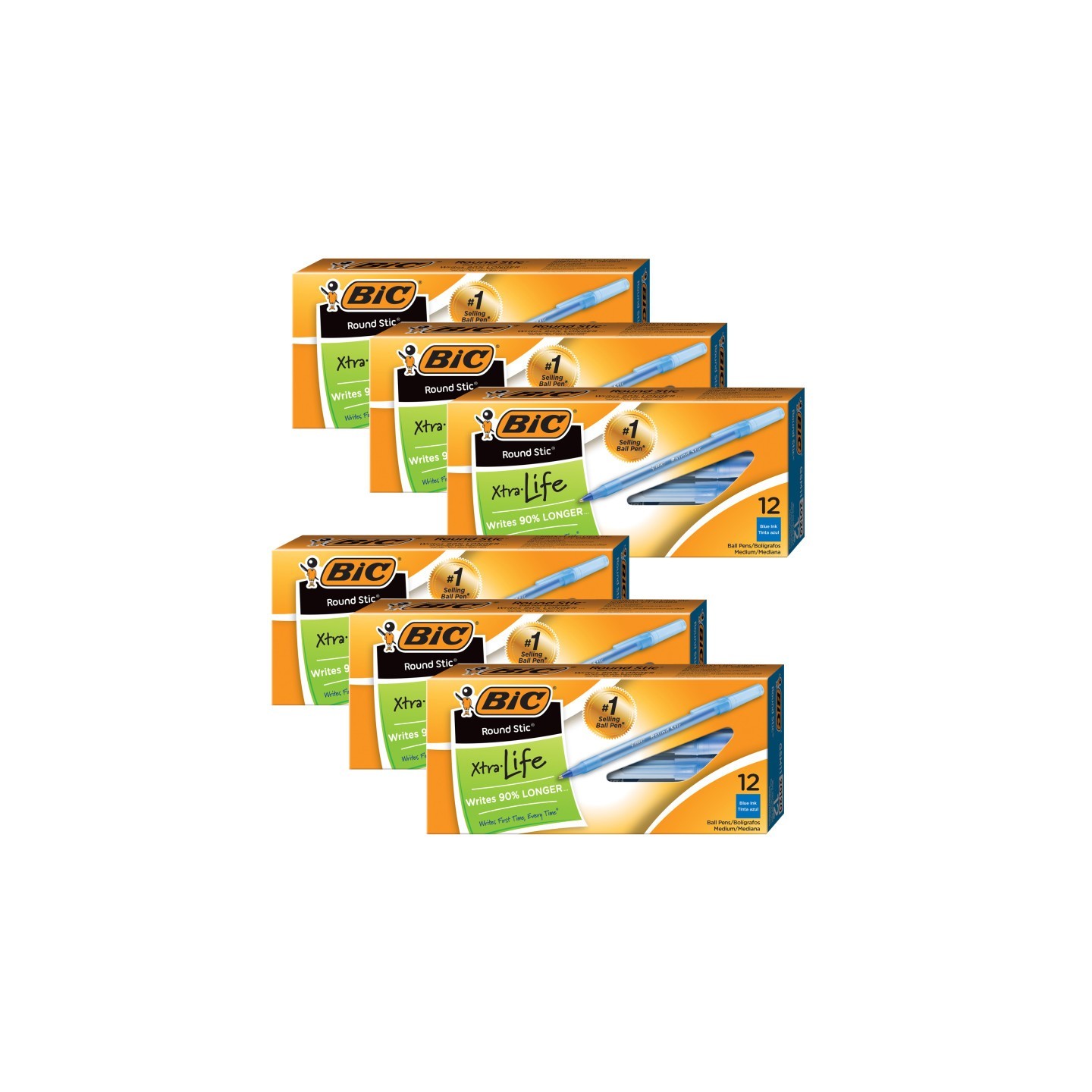 BIC® Round Stic® Pen, Medium Point, Blue, 12 Per Pack, 6 Packs