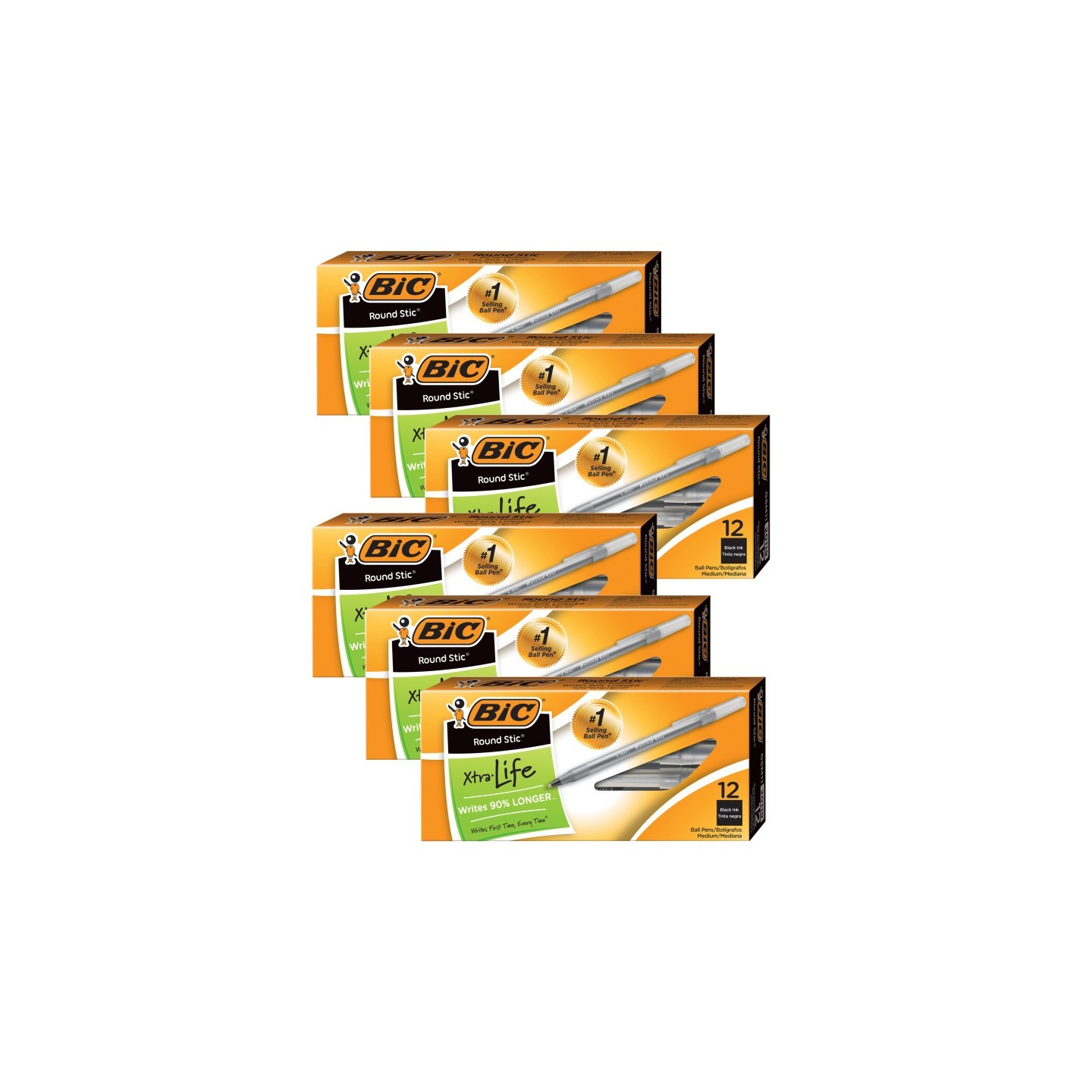 BIC® Round Stic® Pen, Medium Point, Black, 12 Per Pack, 6 Packs