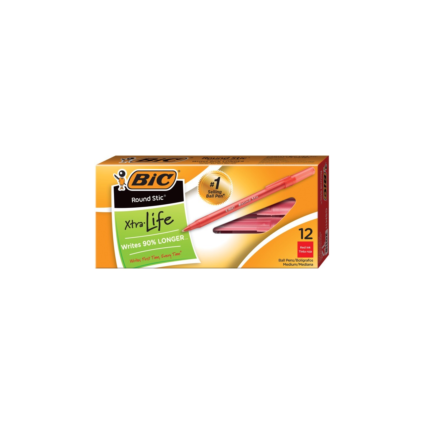 BIC® Round Stic® Pen, Medium Point, Red, Pack of 12
