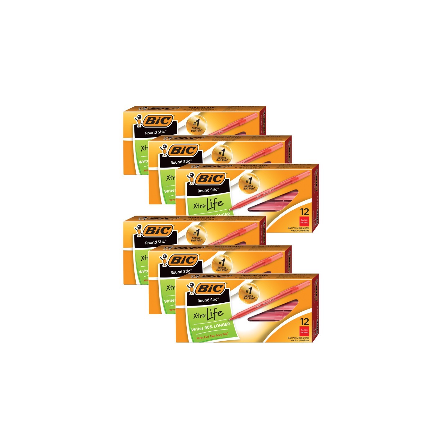 BIC® Round Stic® Pen, Medium Point, Red, 12 Per Pack, 6 Packs