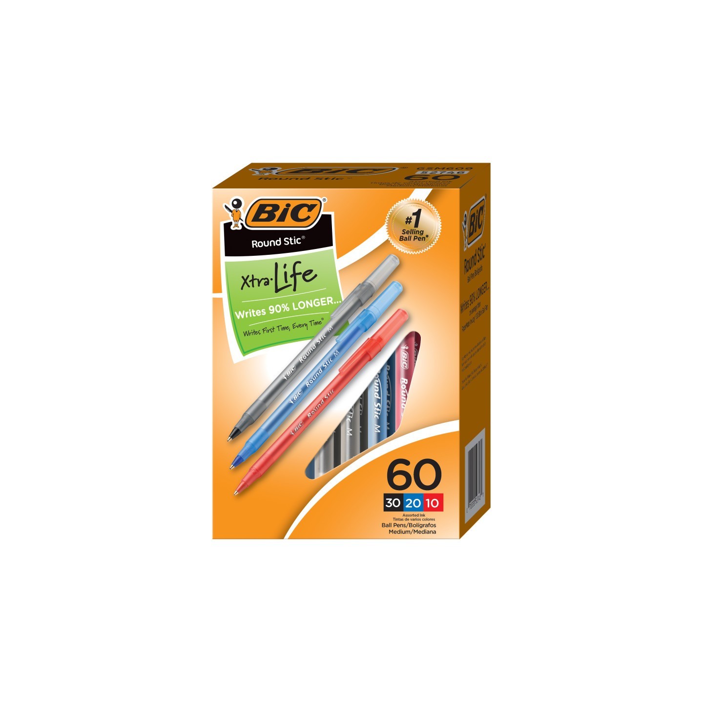 BIC® Round Stic® Xtra Life Ballpoint Pen, Medium Point (1.0mm), Assorted, Box of 60