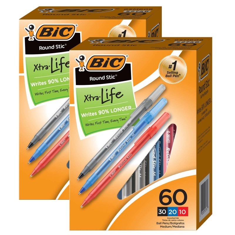 BIC® Round Stic® Xtra Life Ballpoint Pen, Medium Point (1.0mm), Assorted, 60 Per Box, 2 Boxes