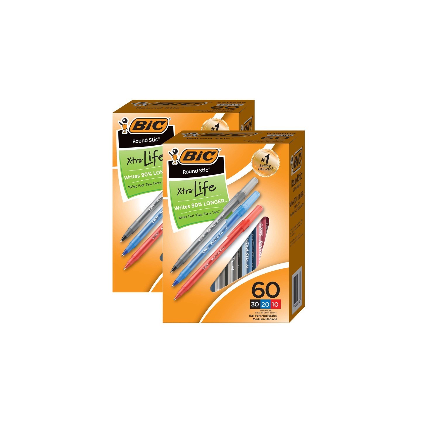 BIC® Round Stic® Xtra Life Ballpoint Pen, Medium Point (1.0mm), Assorted, 60 Per Box, 2 Boxes