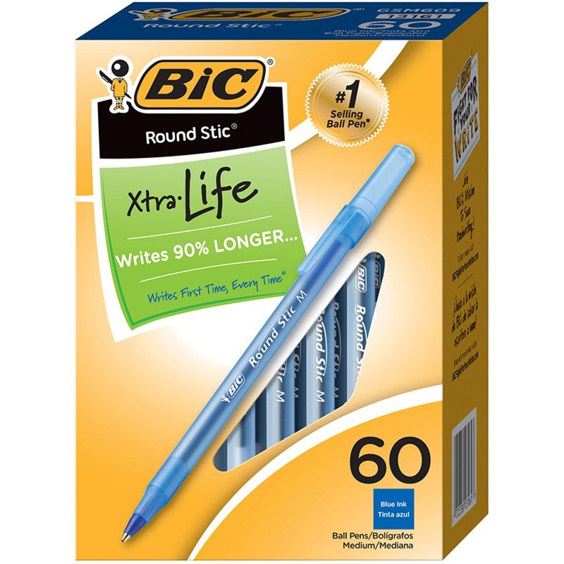BIC® Round Stic® Xtra Life Ball Pen, Blue, Pack of 60