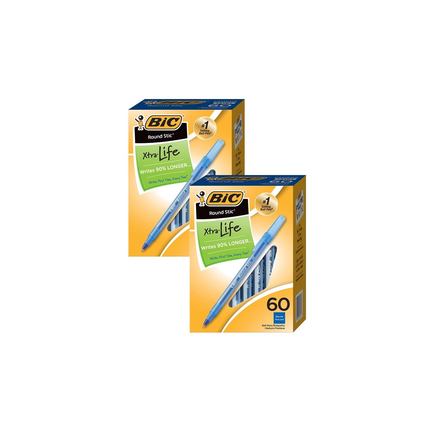 BIC® Round Stic® Xtra Life Ball Pen, Blue, 60 Per Pack, 2 Packs