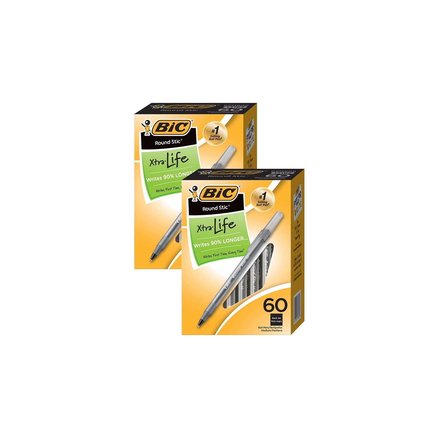 BIC® Round Stic® Xtra Life Ball Pen, Black, 60 Per Pack, 2 Packs