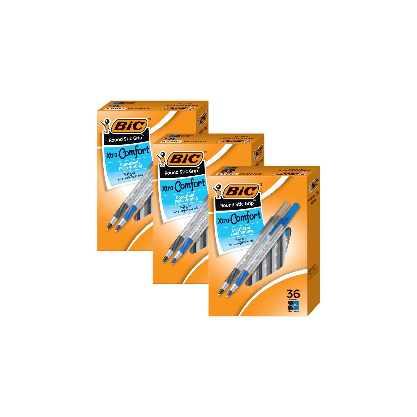 BIC® Round Stic Grip Xtra Comfort Ballpoint Pens, Medium Point (1.2mm), Assorted Colors, 36 Per Pack, 3 Packs