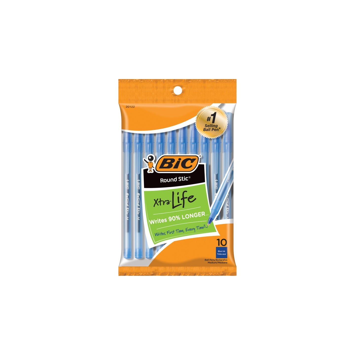 BIC® Round Stic® Xtra Life Ballpoint Pen, Medium Point (1.0mm), Blue, Pack of 10