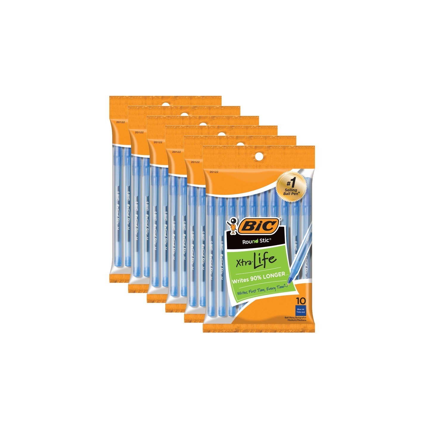 BIC® Round Stic® Xtra Life Ballpoint Pen, Medium Point (1.0mm), Blue, 10 Per Pack, 6 Packs