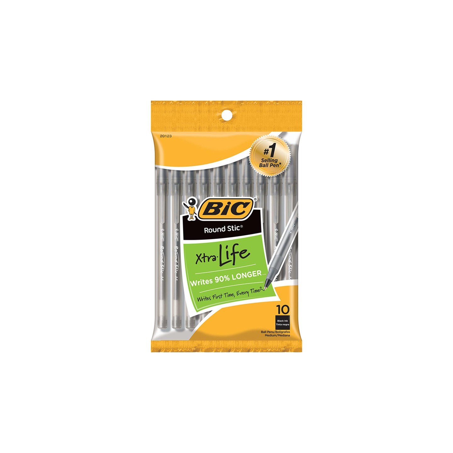 BIC® Round Stic® Xtra Life Ballpoint Pen, Medium Point (1.0mm), Black, Pack of 10