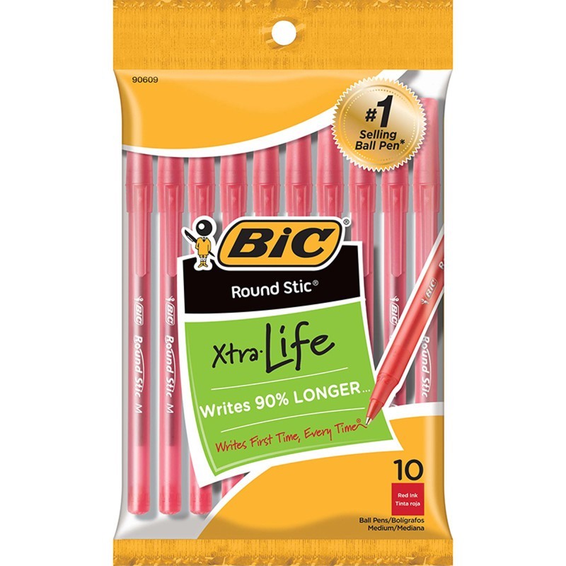 BIC® Round Stic® Xtra Life Ballpoint Pen, Medium Point (1.0mm), Red, Pack of 10