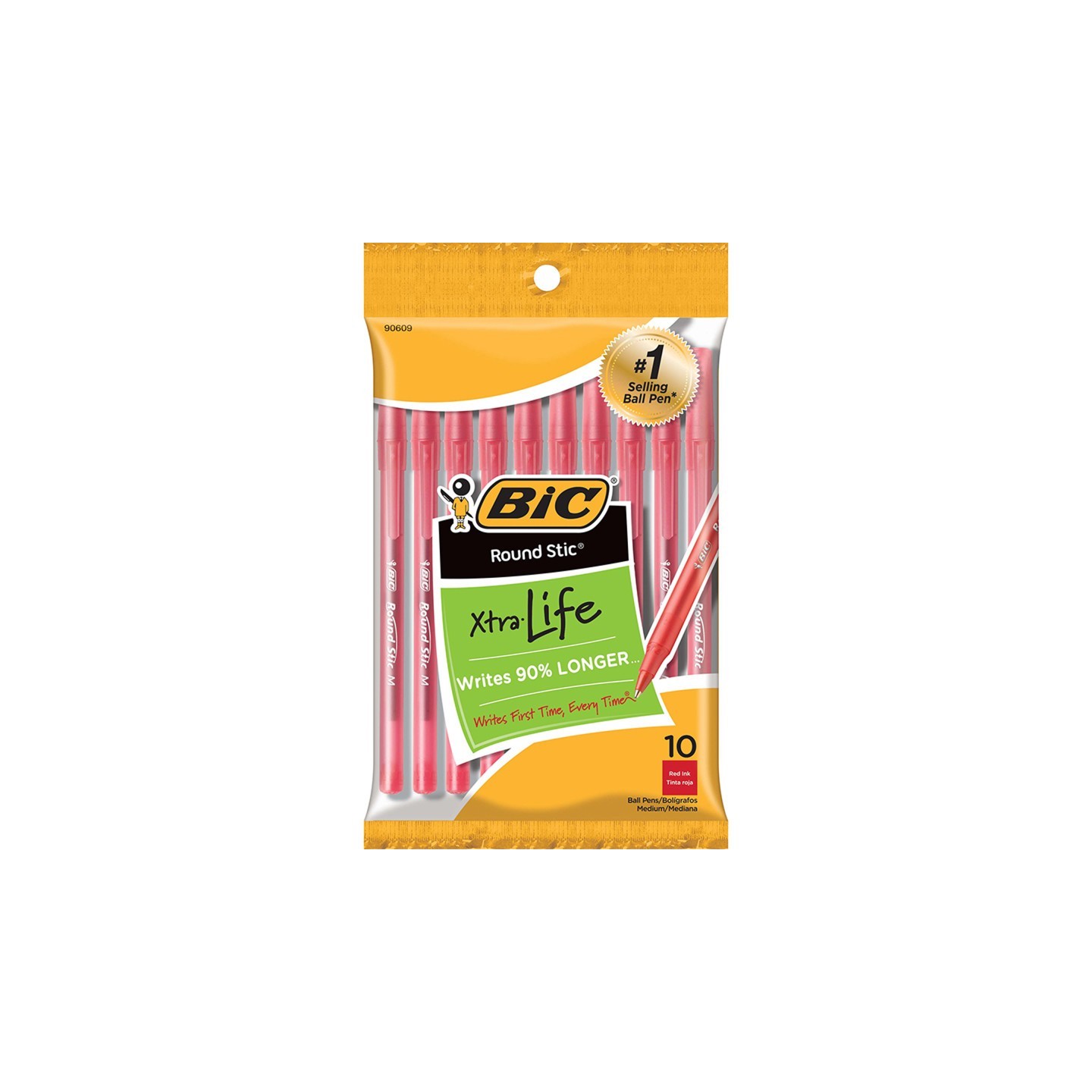 BIC® Round Stic® Xtra Life Ballpoint Pen, Medium Point (1.0mm), Red, Pack of 10