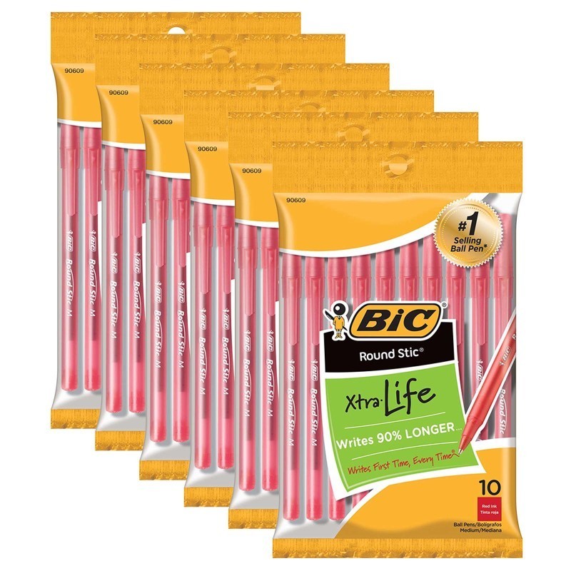 BIC® Round Stic® Xtra Life Ballpoint Pen, Medium Point (1.0mm), Red, 10 Per Pack, 6 Packs