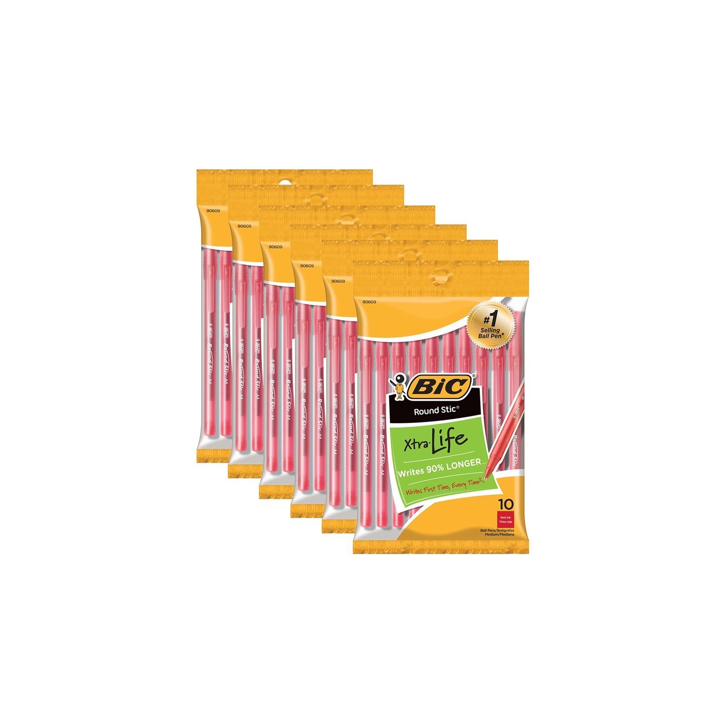 BIC® Round Stic® Xtra Life Ballpoint Pen, Medium Point (1.0mm), Red, 10 Per Pack, 6 Packs