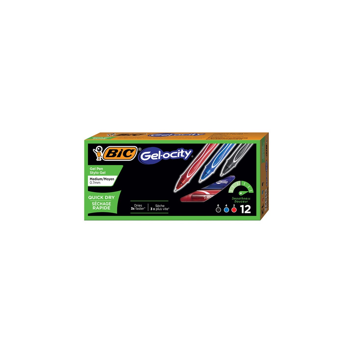 BIC® Gel-ocity® Quick Dry Retractable Gel Pens, Assorted Black, Blue and Red, Pack of 12