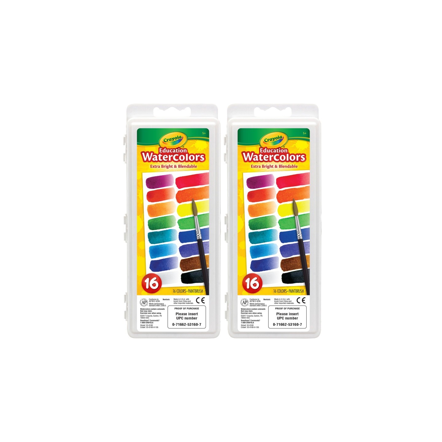 Crayola® Education Oval Pans Watercolors Set, 16 Colors, Pack of 2