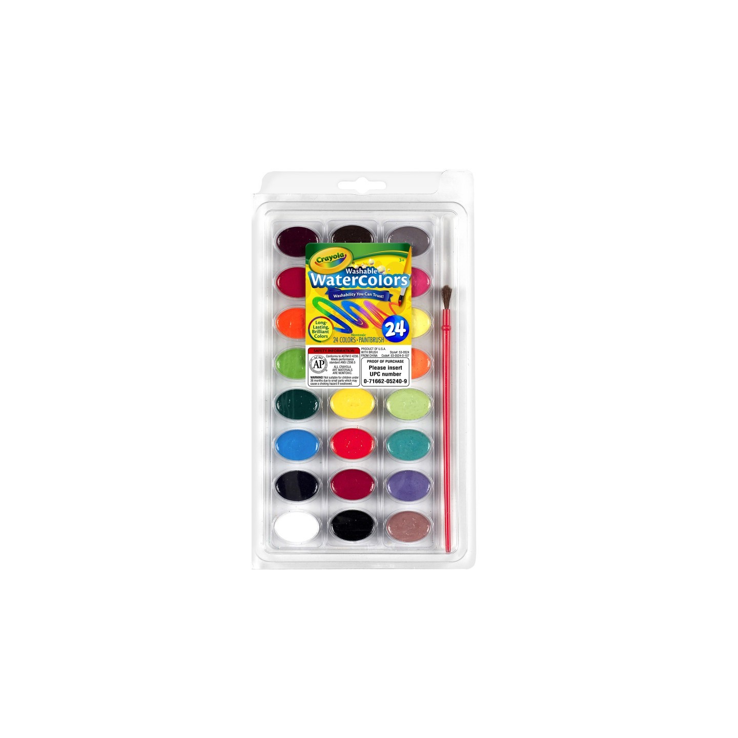 Crayola® Washable Watercolor Pans with Plastic Handled Brush, 24 Colors