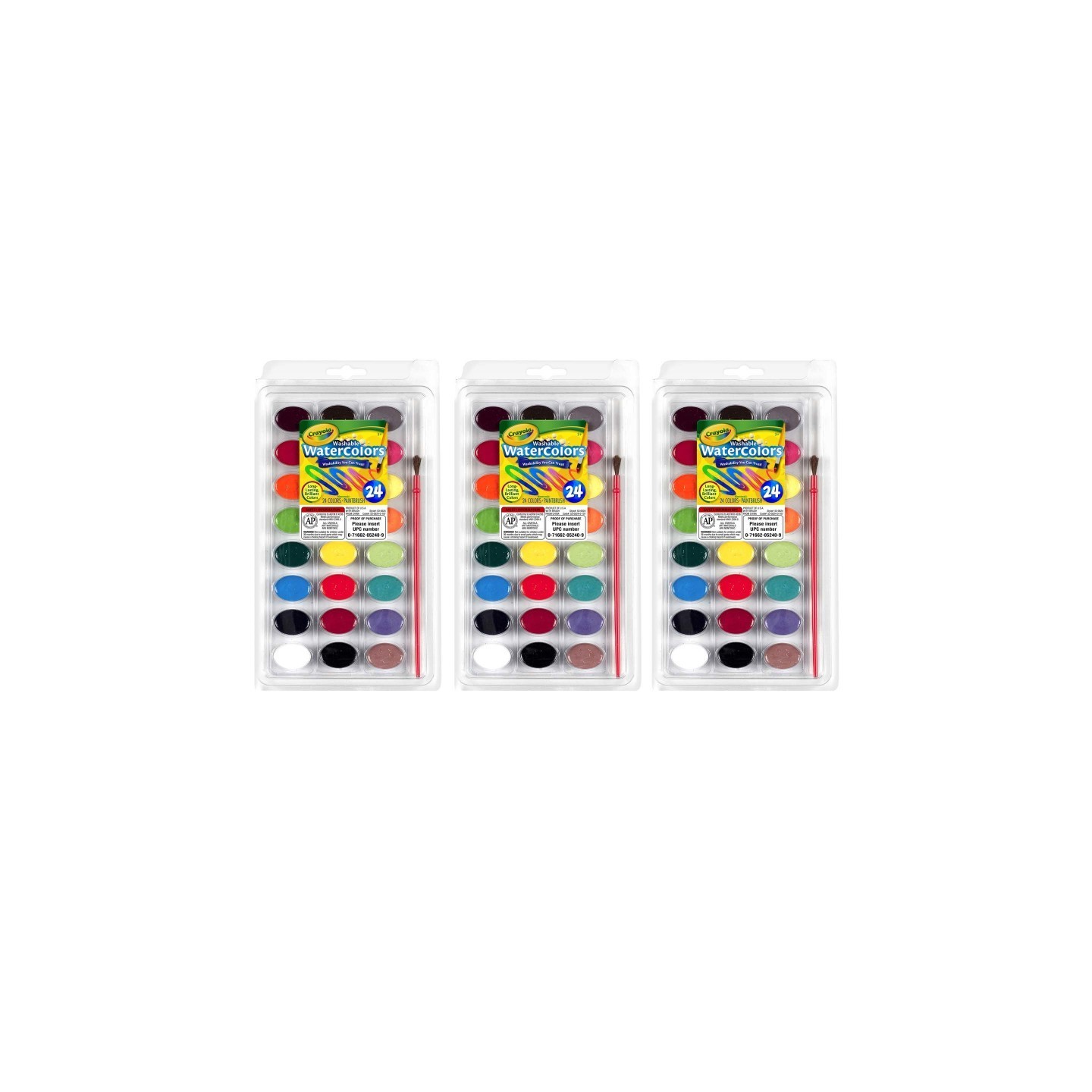 Crayola® Washable Watercolor Pans with Plastic Handled Brush, 24 Colors, 3 Sets